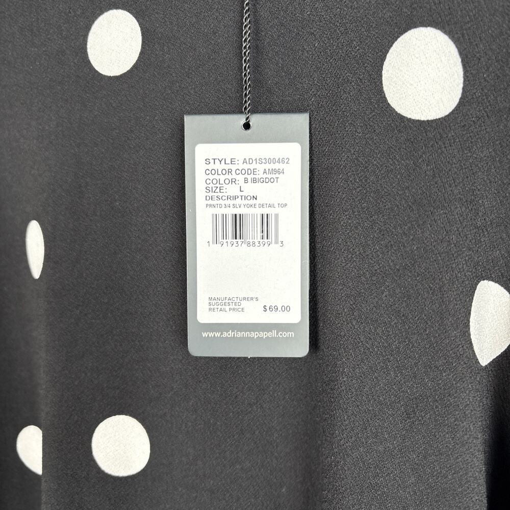 Adrianna Papell Women’s Large Black Polka Dot Blouse 3/4 Sleeve Career Flowy NEW - Picture 8 of 15